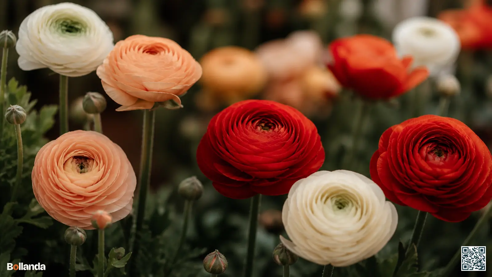Ranonkels in zachte tinten wit, perzik, koraal en rood bloeien met gevulde bloemen in een voorjaarsborder.