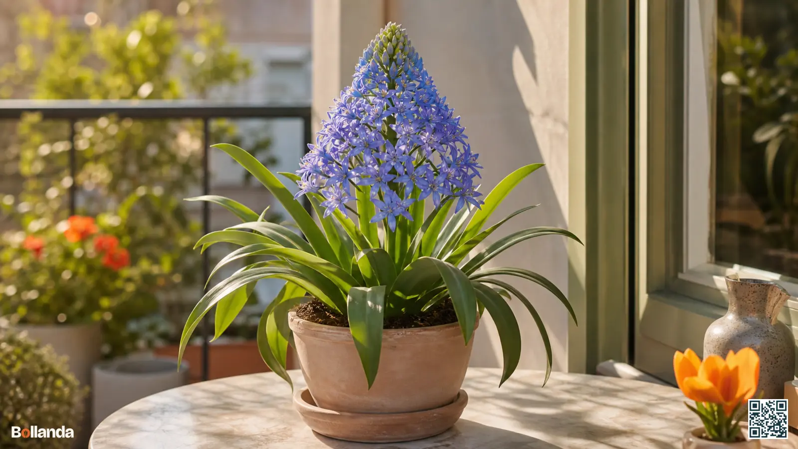 Scilla peruviana in pot met groot blauw bloemscherm en breed groen blad op een zonnig terras.