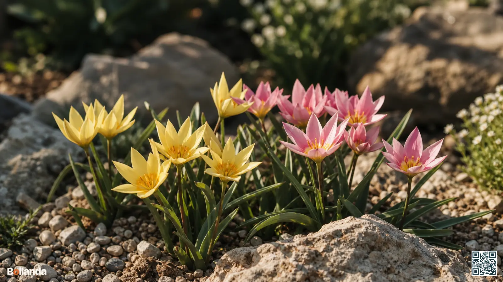 Lage botanische tulpen met stervormige gele en roze bloemen die openvallen in een zonnige rotstuin met grind.