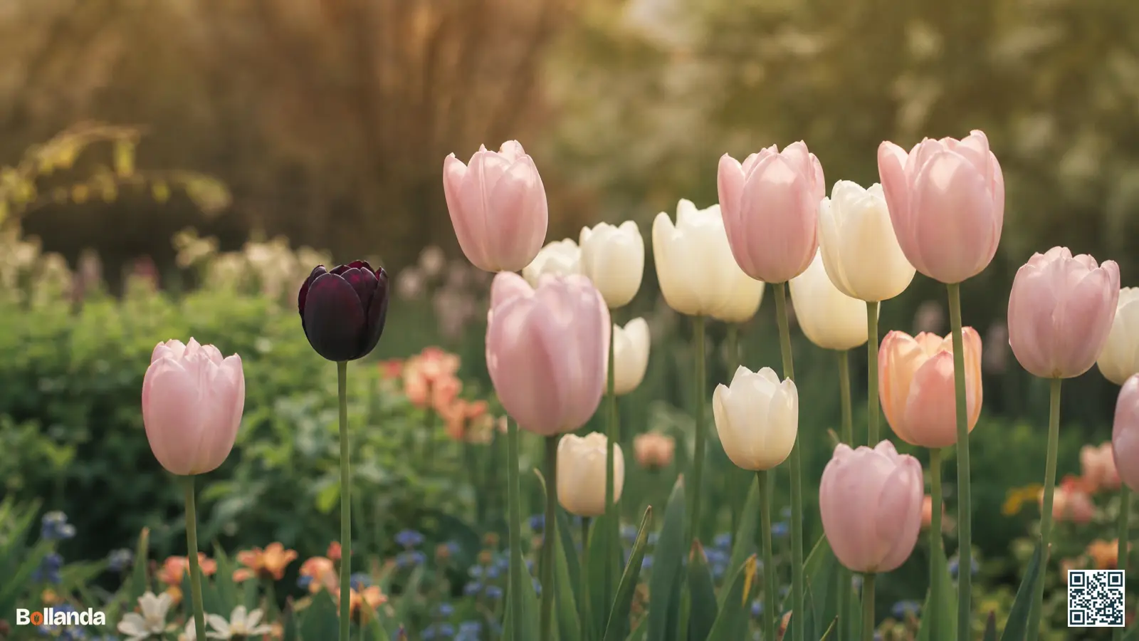 Hoge Enkele Late tulpen in een voorjaarsborder met een bijna-zwarte cultivar tussen zachtroze en romige bloemen op lange stelen.