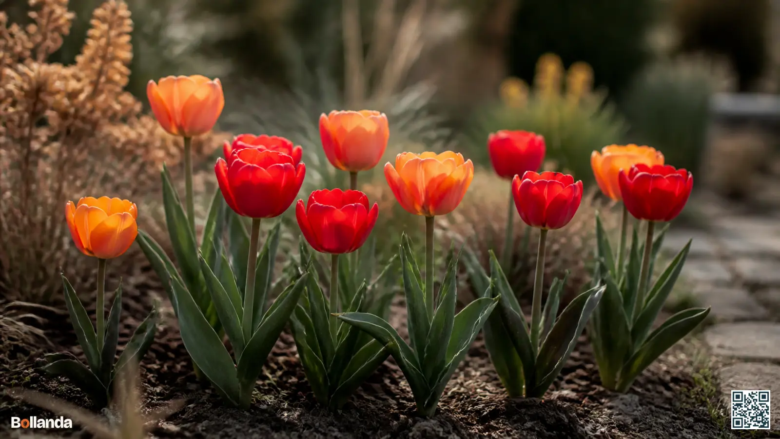 Enkele Vroege tulpen met abrikooskleurige en rode kelkvormige bloemen op stevige korte stelen in een vroege voorjaarsborder.