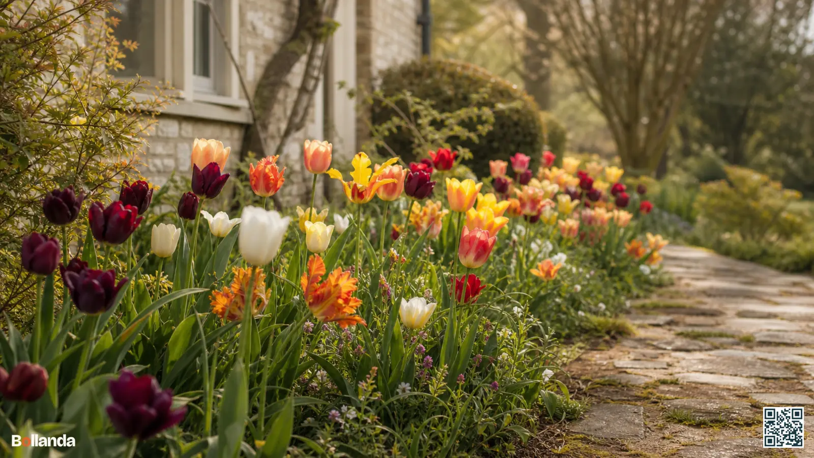 Voorjaarsborder met verschillende tulpensoorten in uiteenlopende vormen en kleuren naast elkaar in vol bloei.