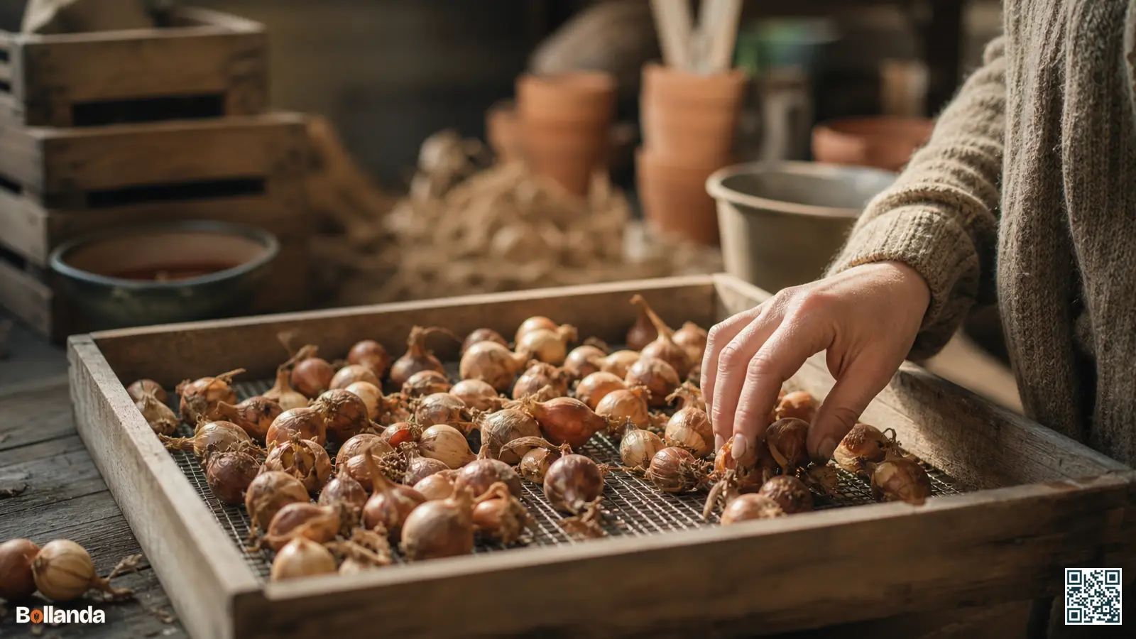 Gedroogde tulpenbollen met bruine huiden in een houten gaaskrat op een werkbank, klaar om te bewaren.