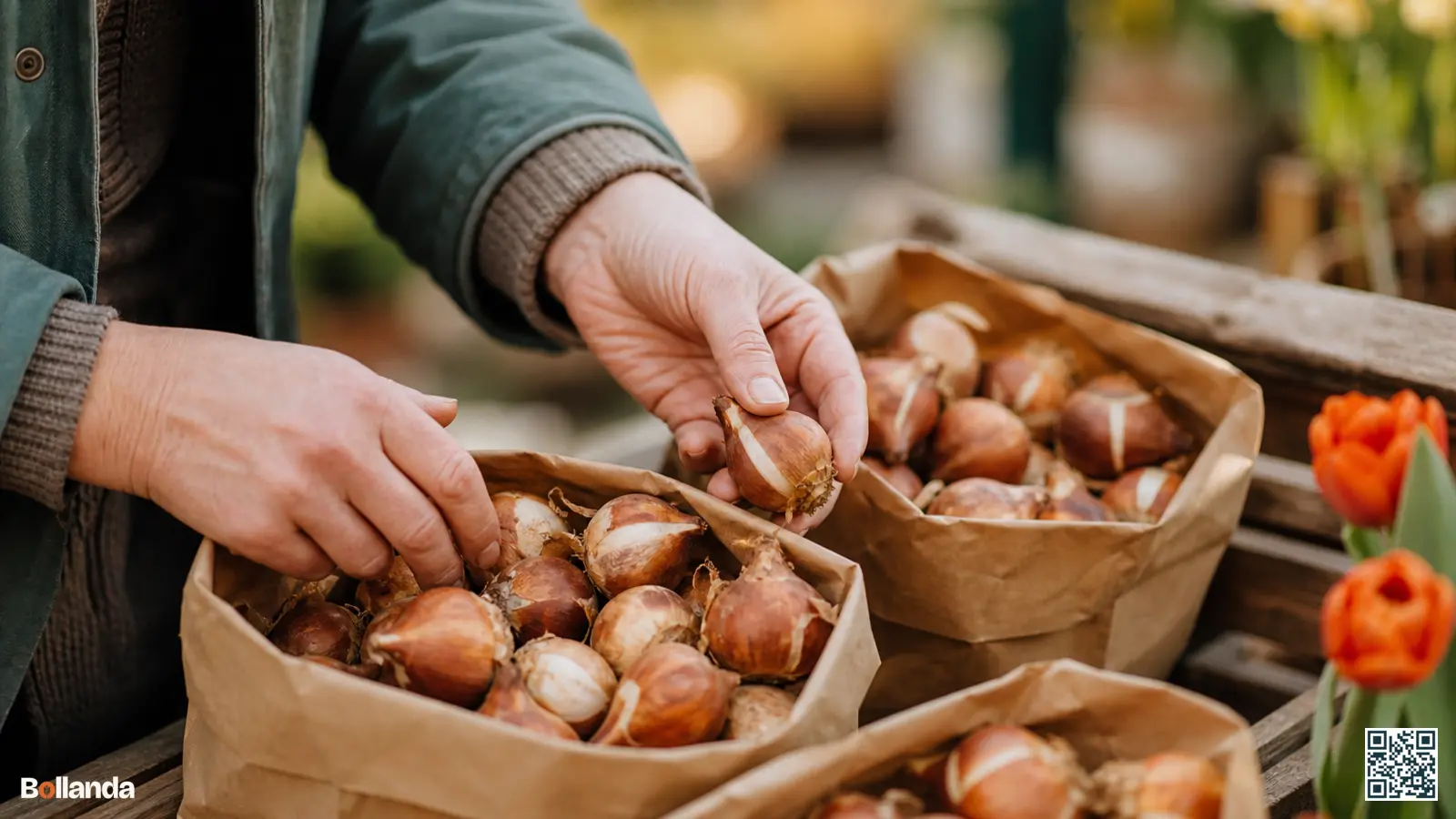 Handen die stevige tulpenbollen op maat selecteren uit neutrale papieren zakken in een tuincentrum.