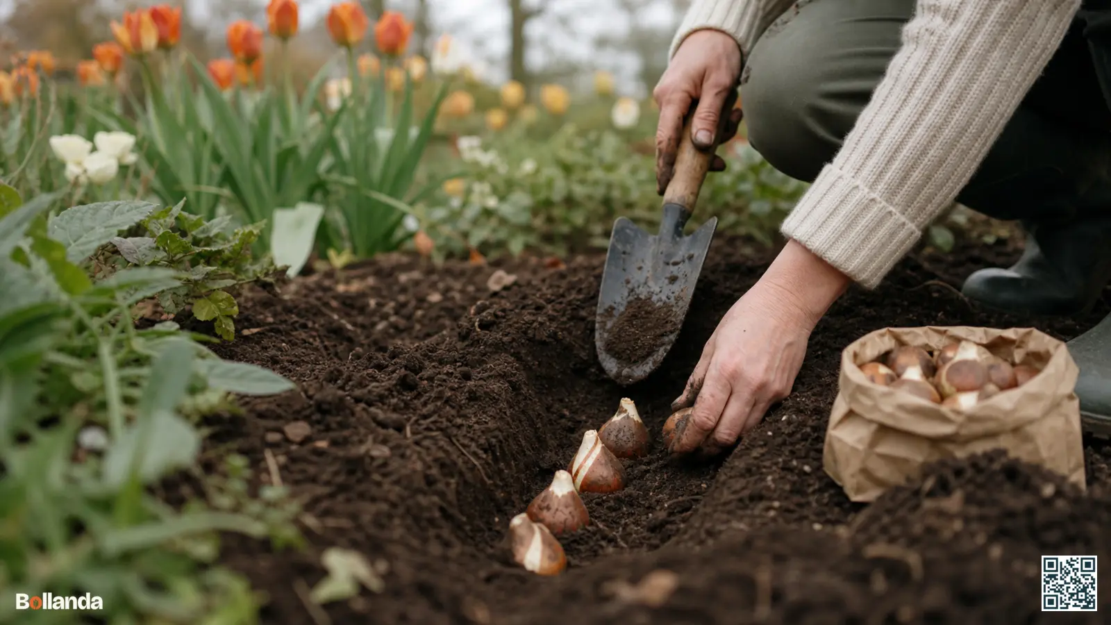 Tuinier plant tulpenbollen met de punt omhoog in de herfstgrond met een handschepje in een Nederlandse border.