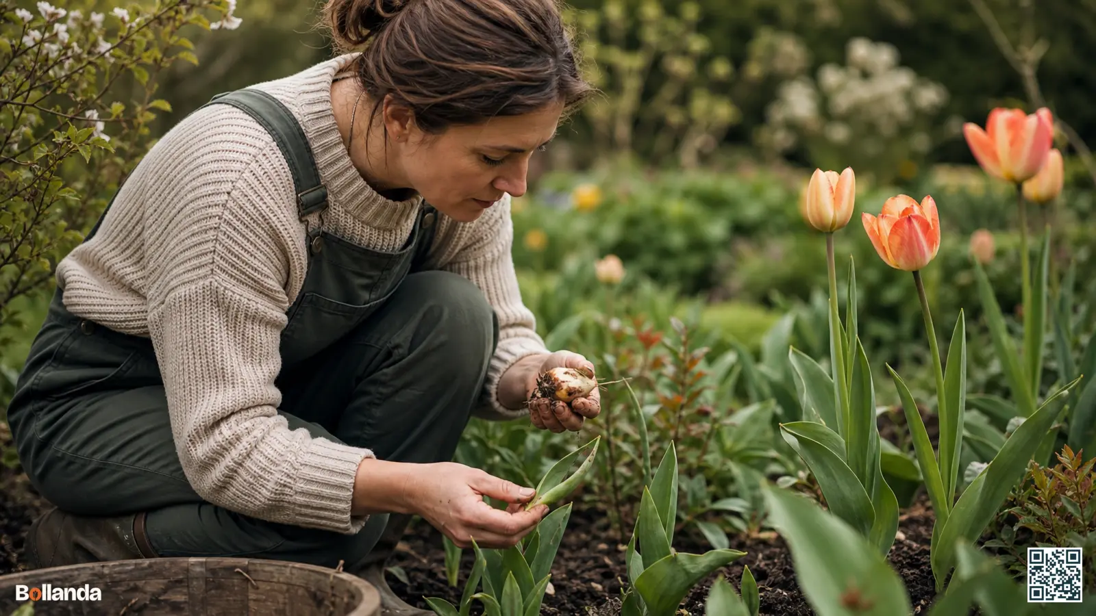 Tuinier inspecteert tulpenblad en een gerooide tulpenbol op ziekte in een voorjaarsborder.