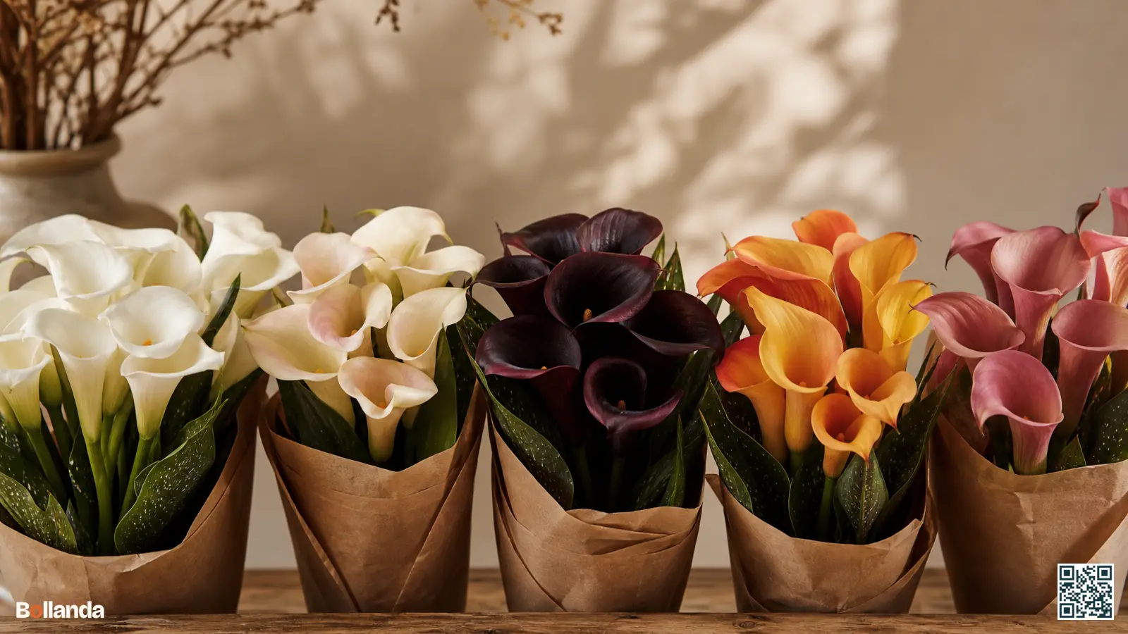 Verschillende calla's in wit, oranje en bijna zwart naast elkaar met hun kenmerkende kelkvormige schutbladen en groen blad.