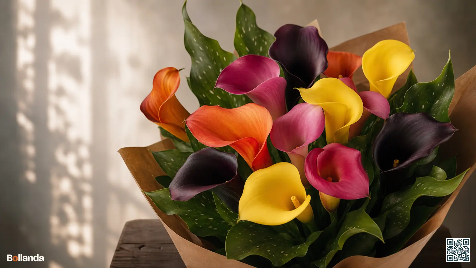 Verschillende gekleurde calla's in geel, oranje, roze en bijna zwart met gevlekt blad bij elkaar.