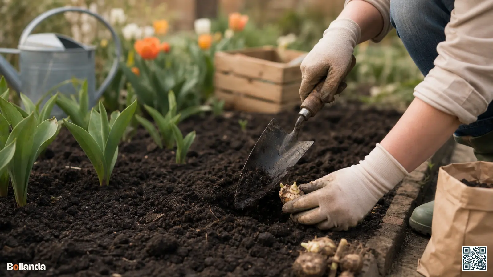 Een tuinier met handschoenen plant een callaknol diep in vochtige voorjaarsgrond met een handschepje in een border.