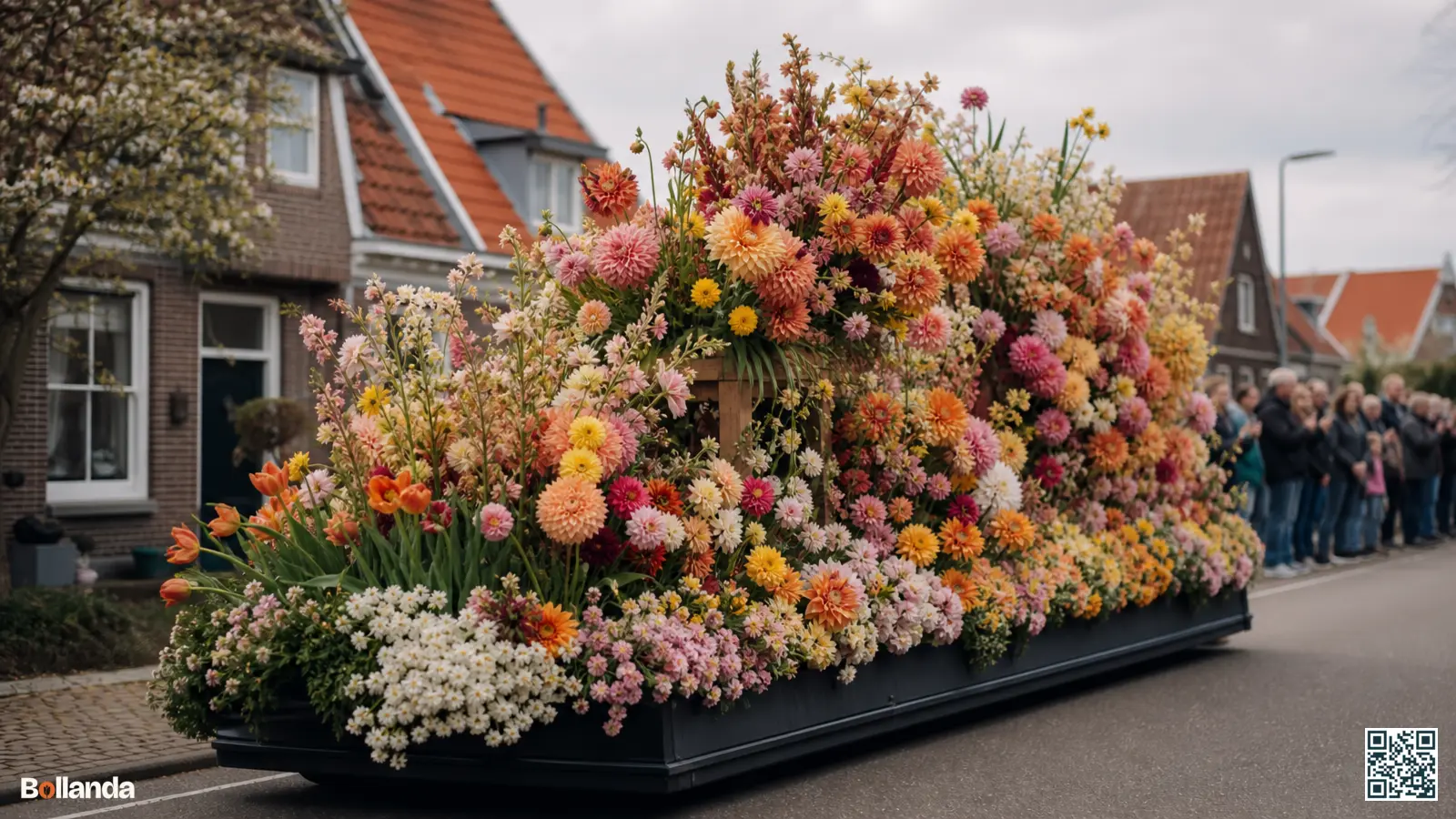 Grote praalwagen volledig versierd met kleurrijke dahlia's en voorjaarsbollen tijdens een Nederlands bloemencorso in een dorpsstraat.