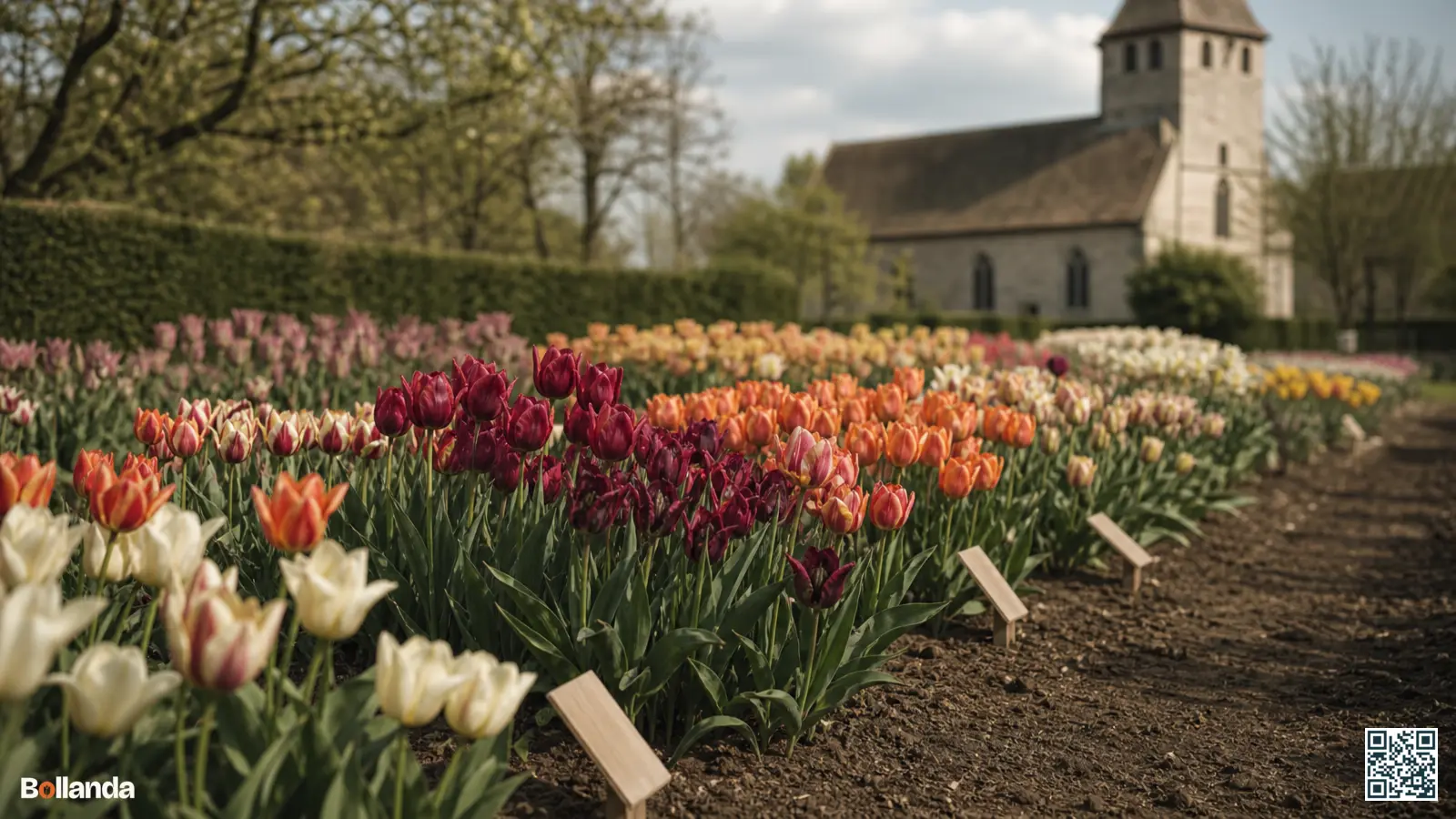 Lange rijen bloeiende historische tulpen in de museumtuin van Hortus Bulborum met een dorpskerkje op de achtergrond.