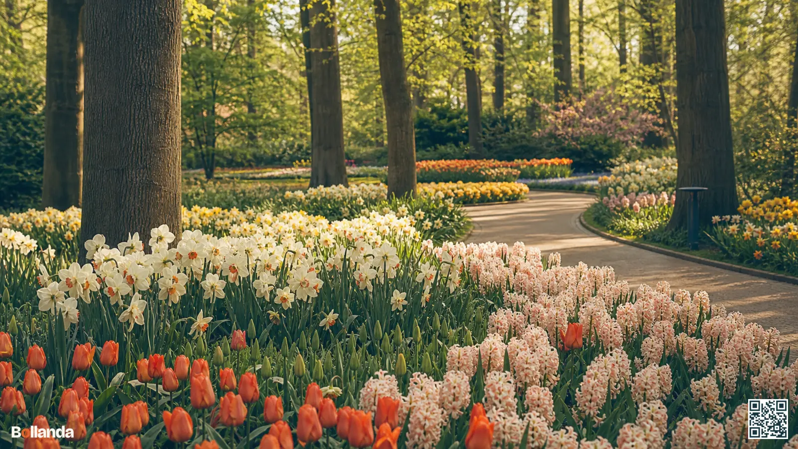 Bloeiende voorjaarstuin met borders vol tulpen, narcissen en hyacinten langs slingerende paden en oude bomen.