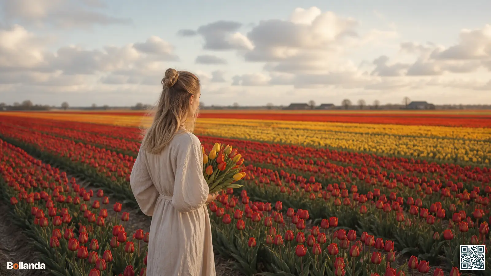 Bloeiende tulpenvelden in rode en gele rijen op de open poldergrond in de Kop van Noord-Holland.