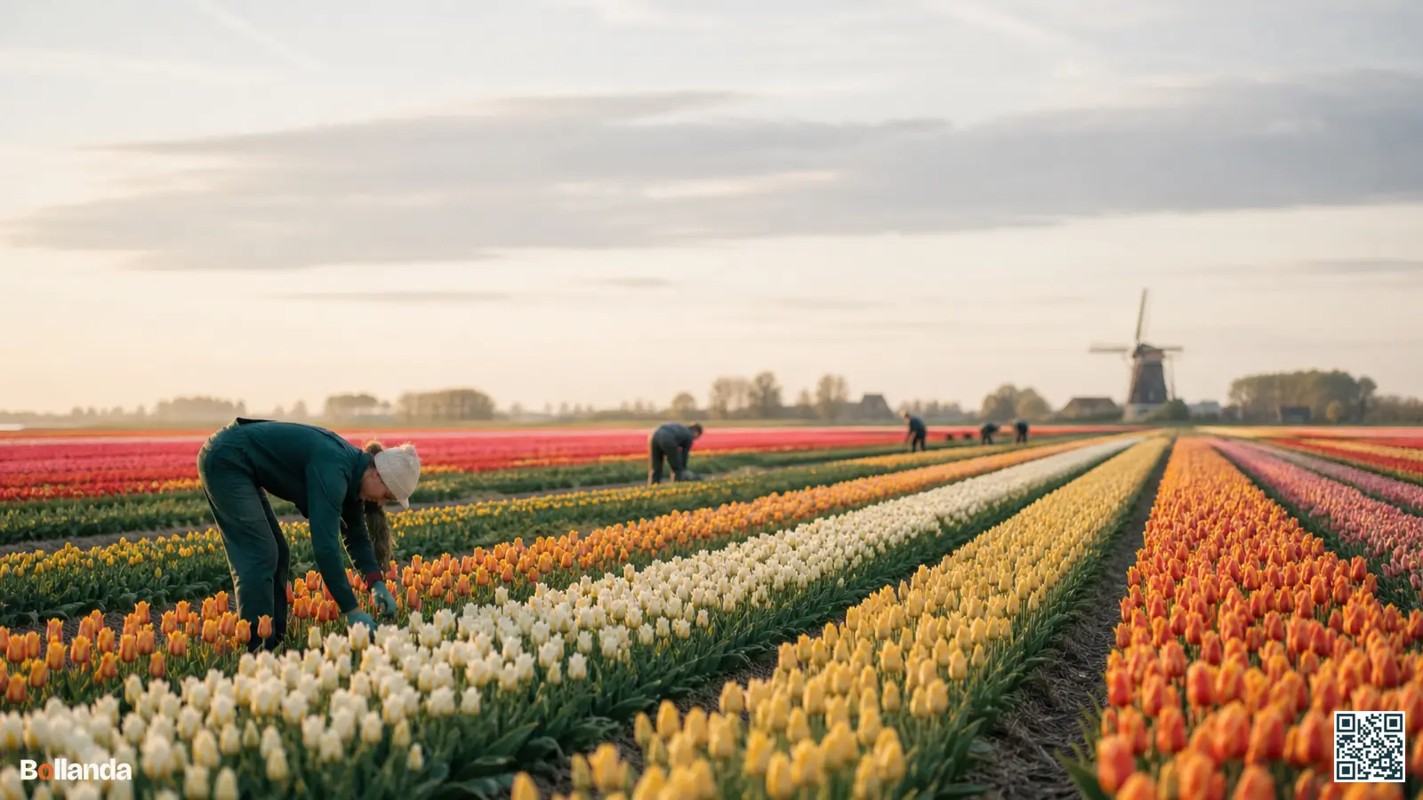 Brede Nederlandse tulpenvelden in bloei met kwekers aan het werk tussen kleurrijke rijen bloembollen in het voorjaar.