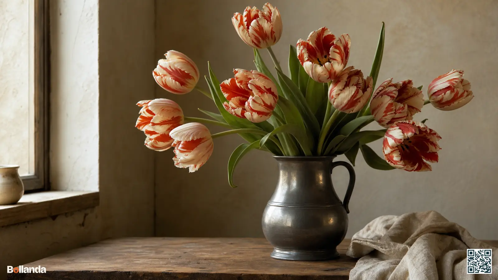 Gevlamde rood-witte tulpen in een tinnen vaas, verwijzend naar de zeventiende-eeuwse tulpenmanie in Nederland.