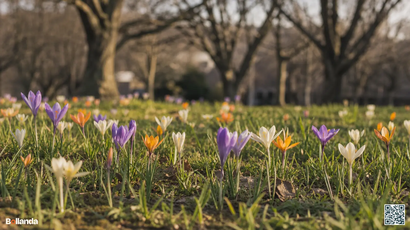 Botanische krokussen en kleine wilde tulpen verwilderd in kort gras onder kale loofbomen in het vroege voorjaar.