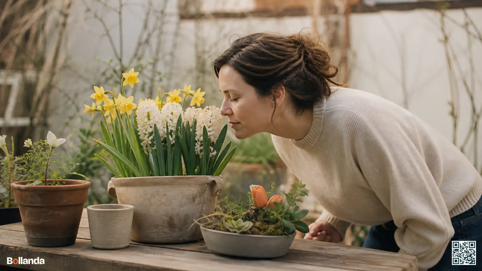 Bloeiende geurende hyacinten en narcissen op een tuintafel waaraan iemand de bloemen besnuffelt.