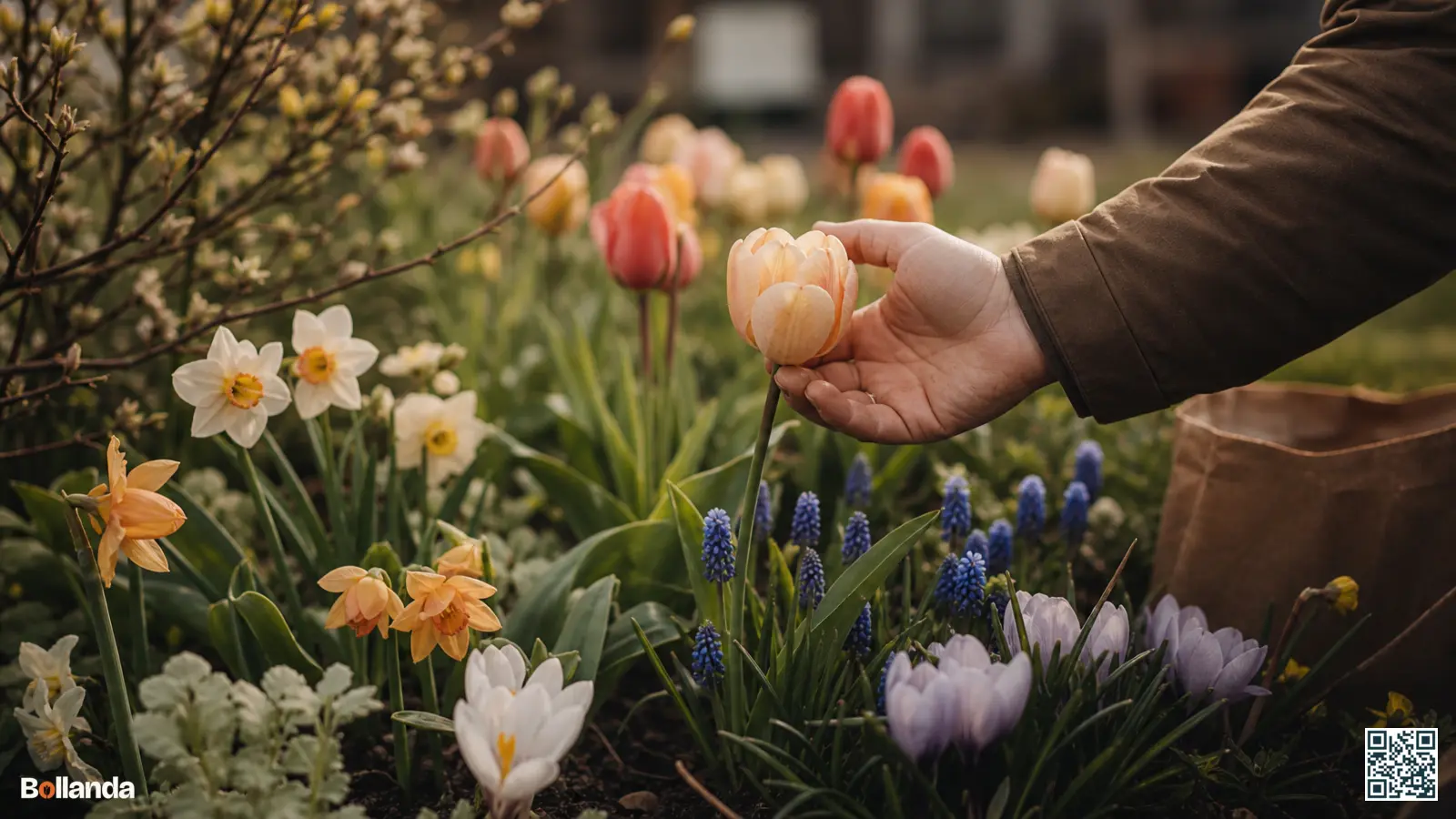 Kleurrijke voorjaarsborder met tulpen, narcissen, druifhyacinten en krokussen in zachte tinten als bron van tuininspiratie.