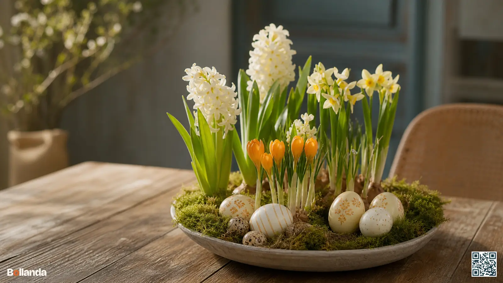 Paasschaal met bloeiende hyacinten, narcissen en krokussen tussen mos en eieren op een houten tafel.