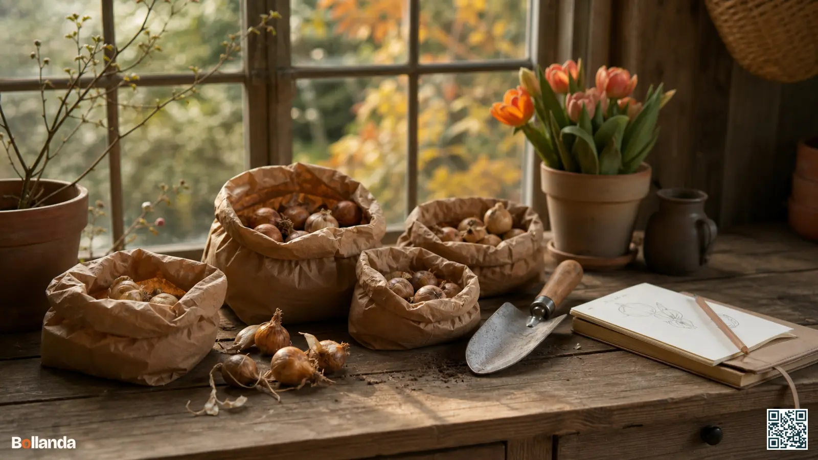 Diverse bloembollen in open papieren zakken op een houten tuintafel met een handschepje en notitieboek.