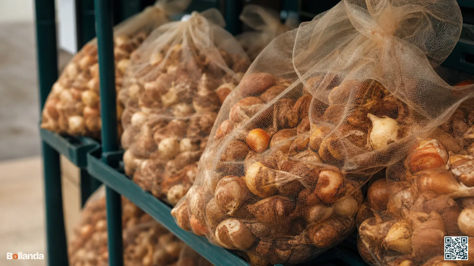 Close-up van budgetbloembollen in neutrale netzakjes in een winkelschap, met droge bruine rokken en kleinere maten.