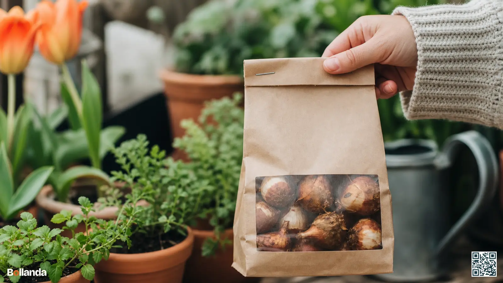 Hand houdt een neutrale papieren zak bloembollen vast met een labelvlak voor het keurmerk in een tuin.