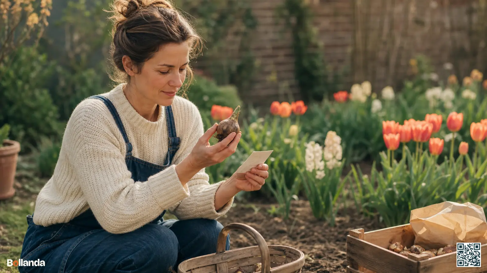 Tuinier bekijkt een bloembol met plantlabel in een tuin, op zoek naar een betrouwbaar keurmerk voor cultivars.