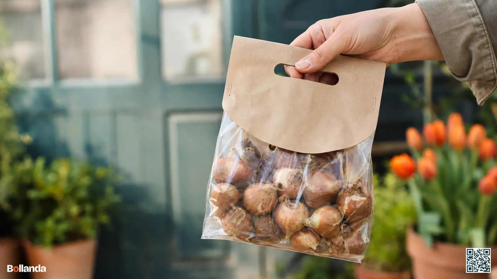 Een hand houdt een neutrale verpakking met stevige bloembollen vast in een tuin, klaar om te beoordelen.