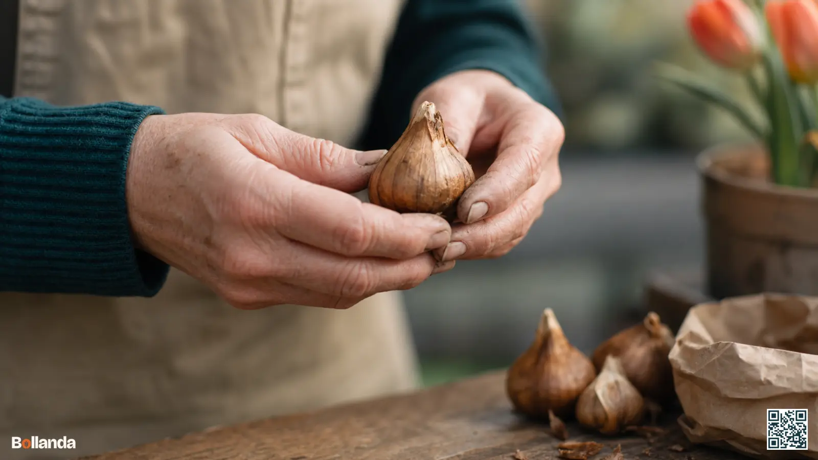 Handen beoordelen een stevige bloembol met intacte bruine rok boven een houten tafel met meer bollen.