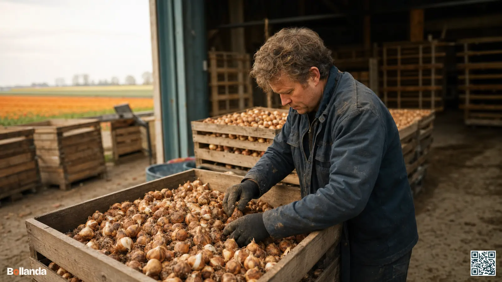 Een kweker sorteert verse bloembollen van topmaat in houten kratten op een Nederlandse bollenkwekerij.