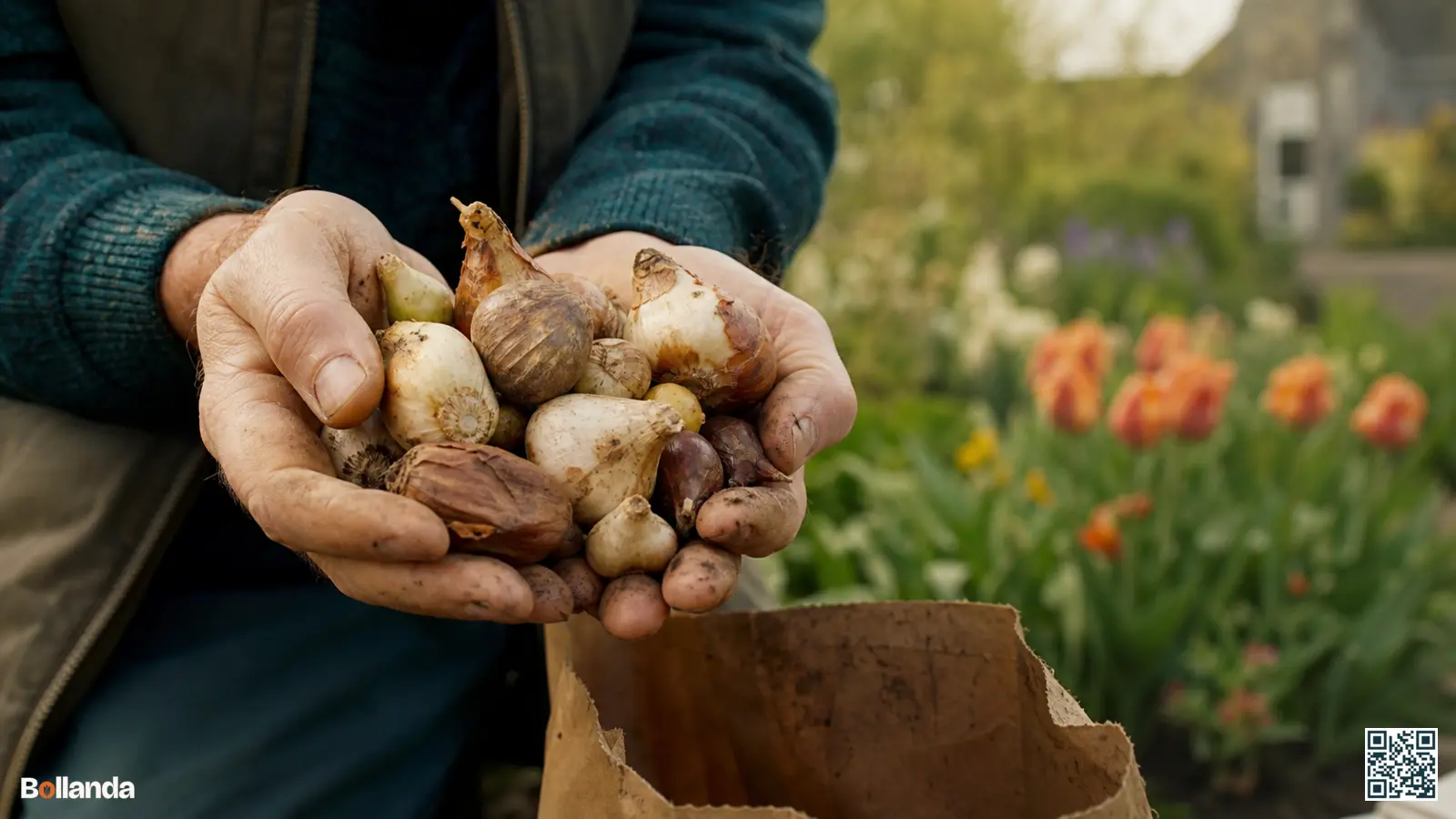 Handen houden een kleurrijke mix bloembollen van verschillende maten vast boven een Nederlandse border.