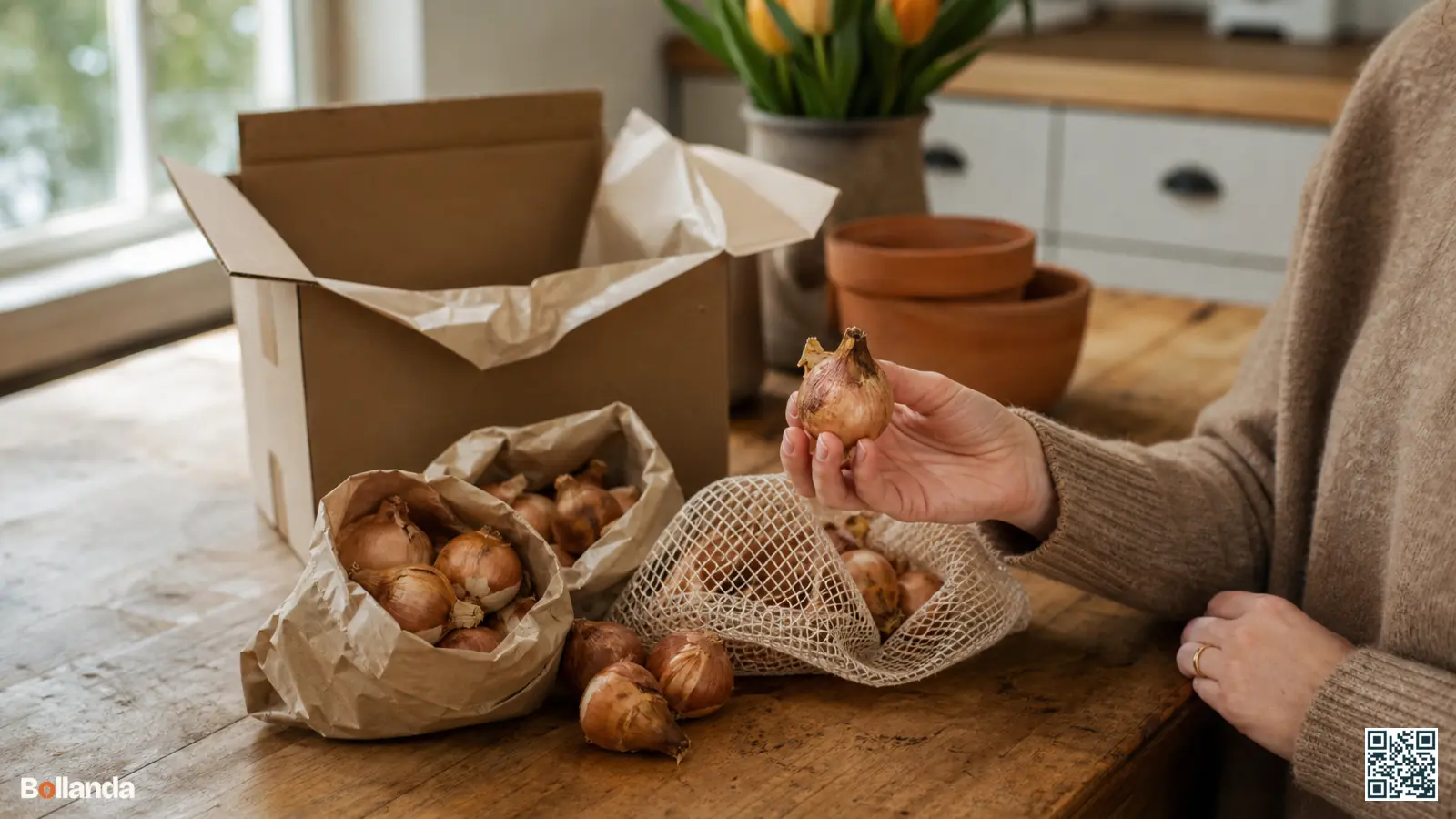 Geopend pakket bloembollen in papieren zakken op een houten tafel, een hand controleert de conditie van een bol.