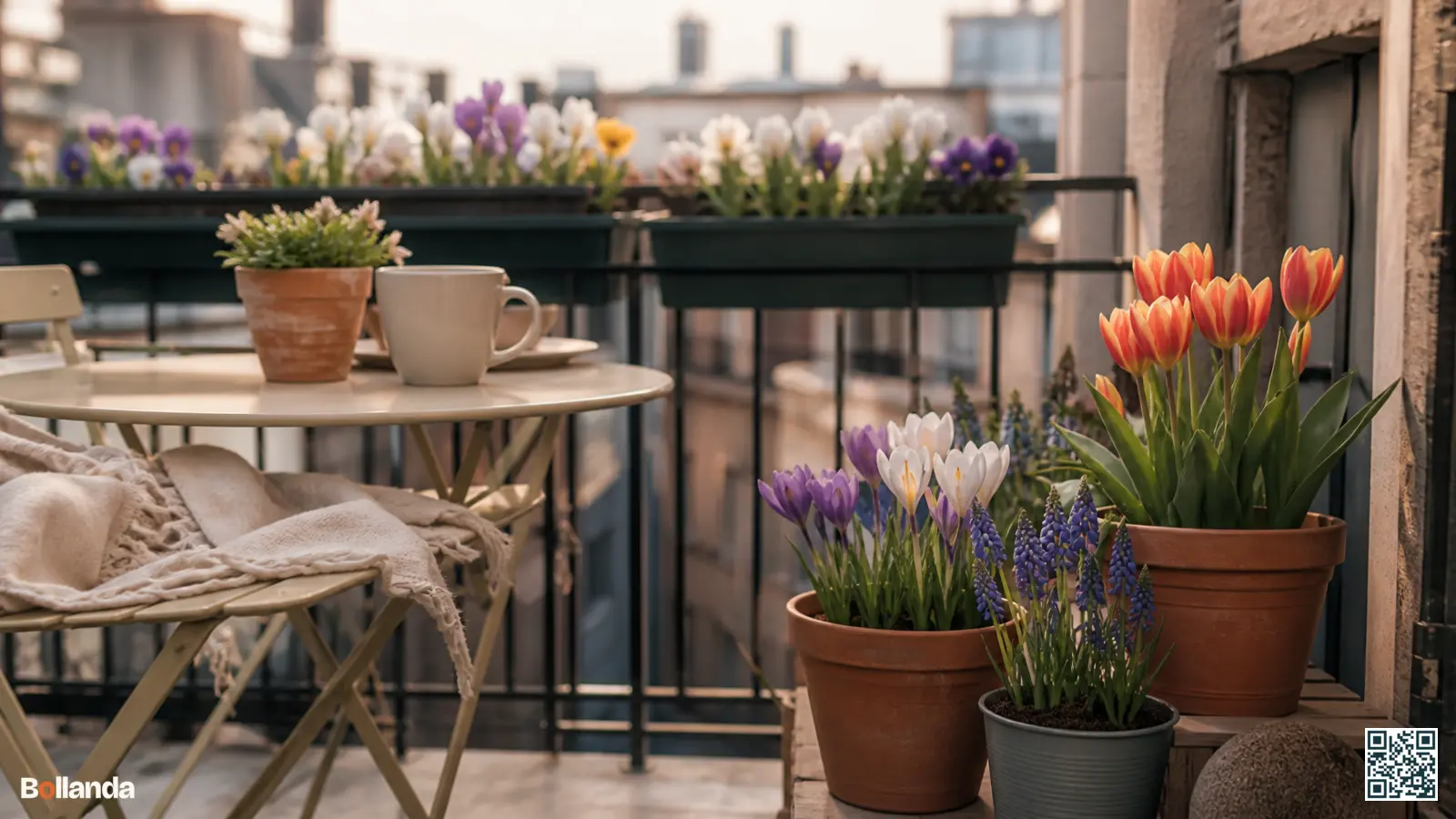 Bloeiende voorjaarsbollen in potten op een stadsbalkon met krokussen, druifhyacinten en lage tulpen langs de reling.
