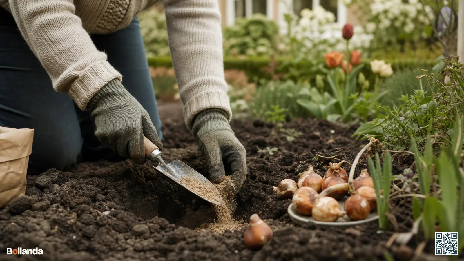 Tuinier plant bloembollen in zware donkere kleigrond en voegt scherp zand toe in het plantgat voor betere drainage.