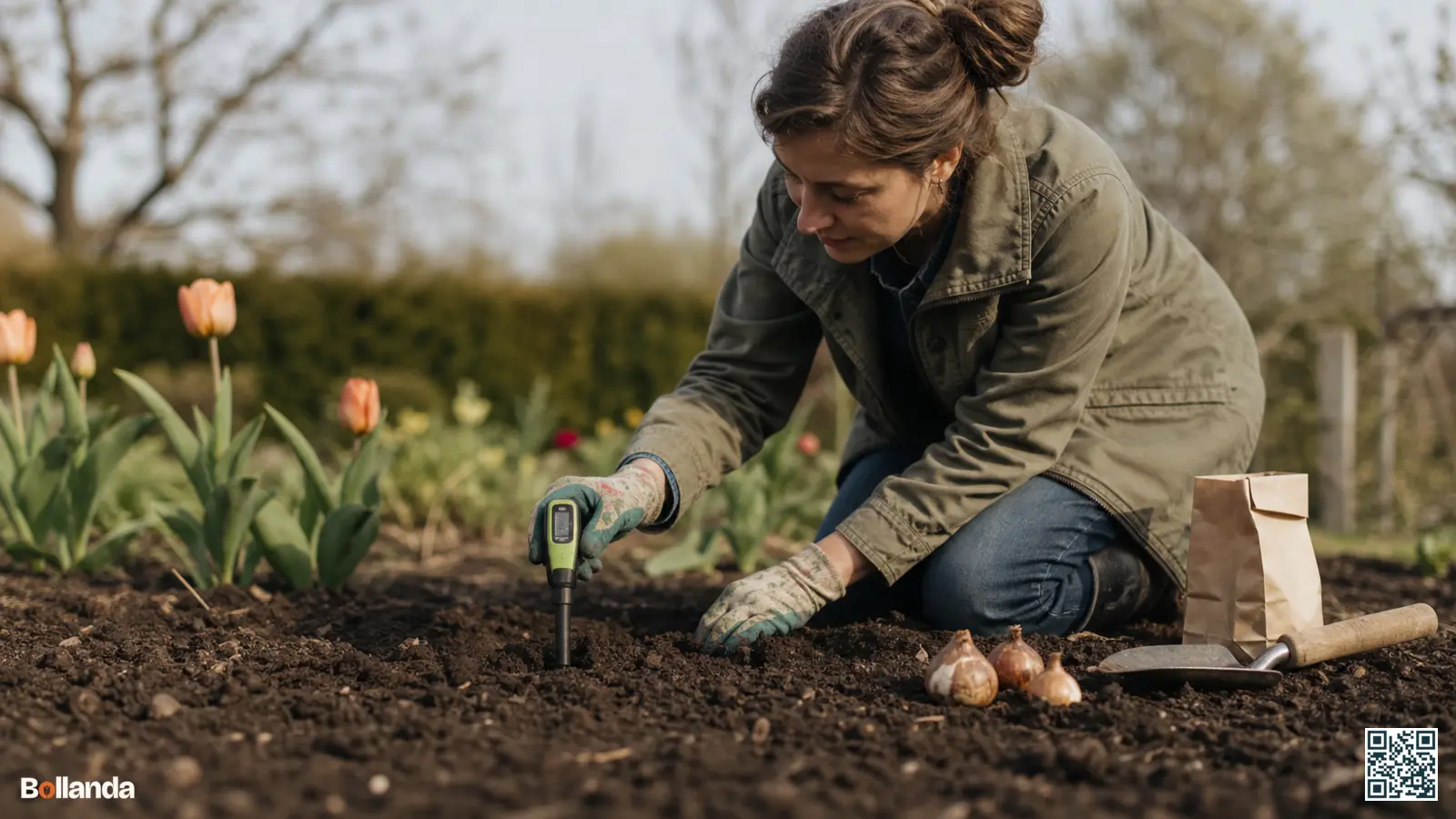 Een tuinier meet de zuurgraad van donkere tuingrond met een pH-meter, met bloembollen en een schepje ernaast.