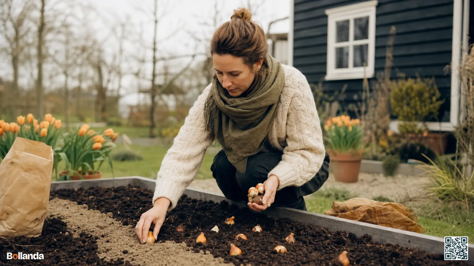 Een tuinier plant bloembollen in een opgehoogd bed van donkere, vochtige veengrond met een laag scherp zand.