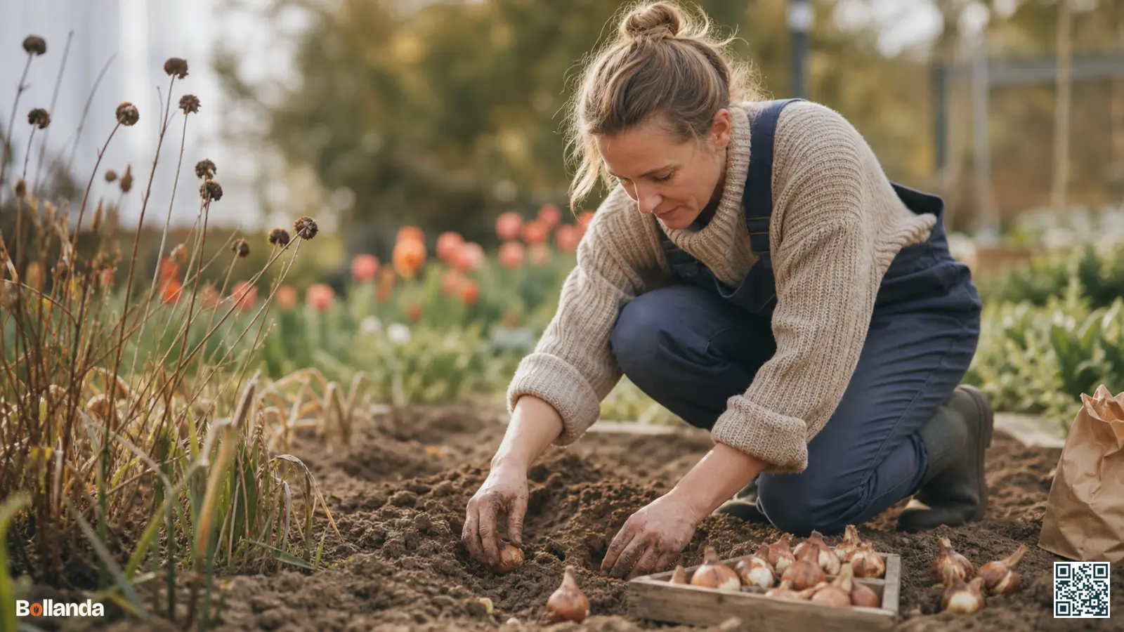 Tuinier plant bloembollen in losse, lichte zandgrond in een Nederlandse border met goede drainage.