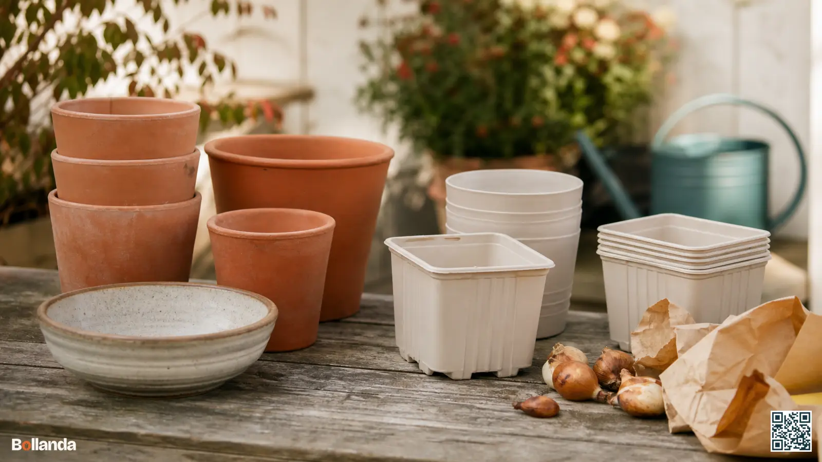 Verschillende lege potten en schalen van terracotta, kunststof en keramiek op een houten tuintafel klaar voor bloembollen.