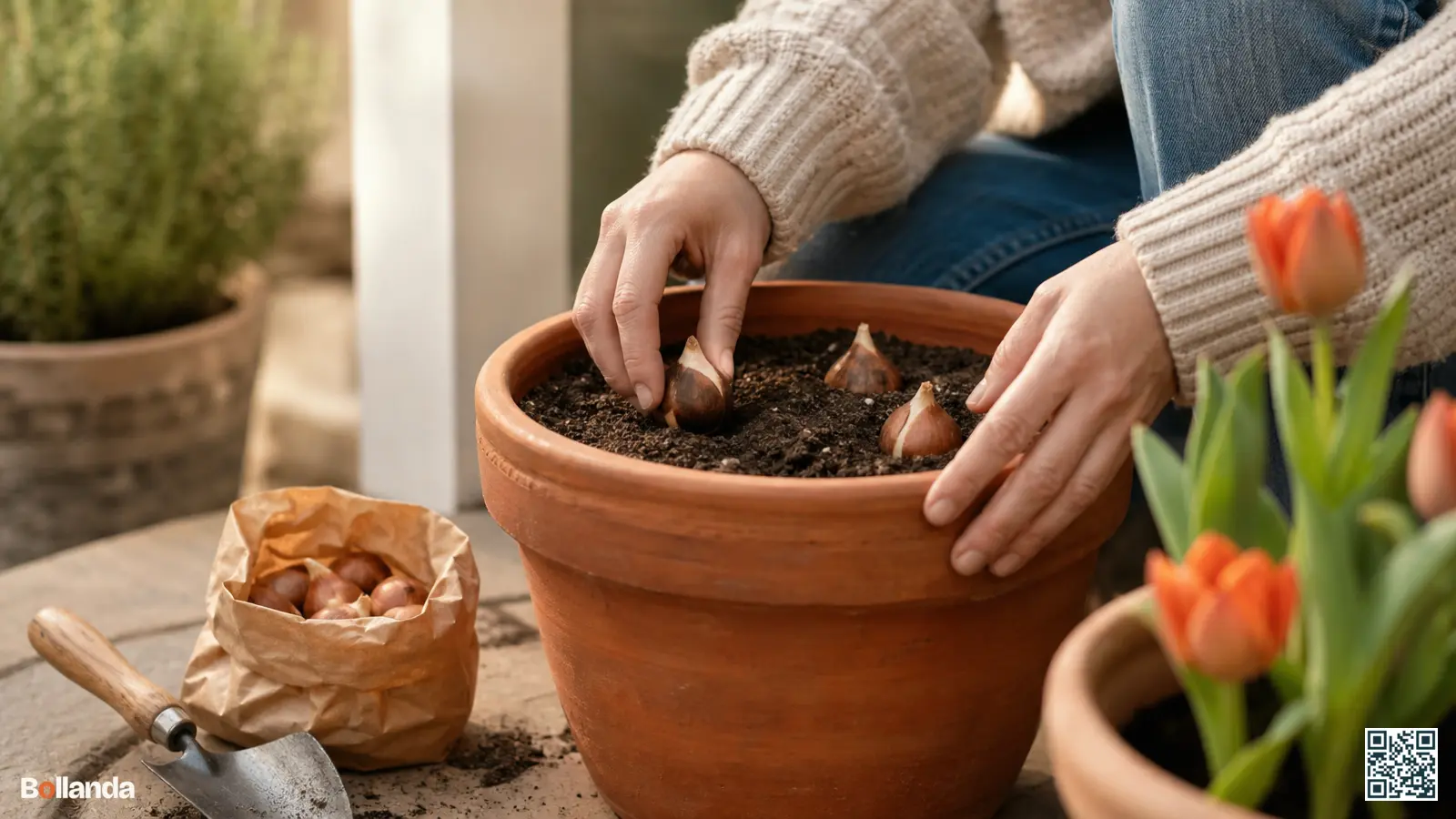 Tuinier plant bloembollen in een terracottapot met luchtige grond op een terras, klaar voor de bloei.