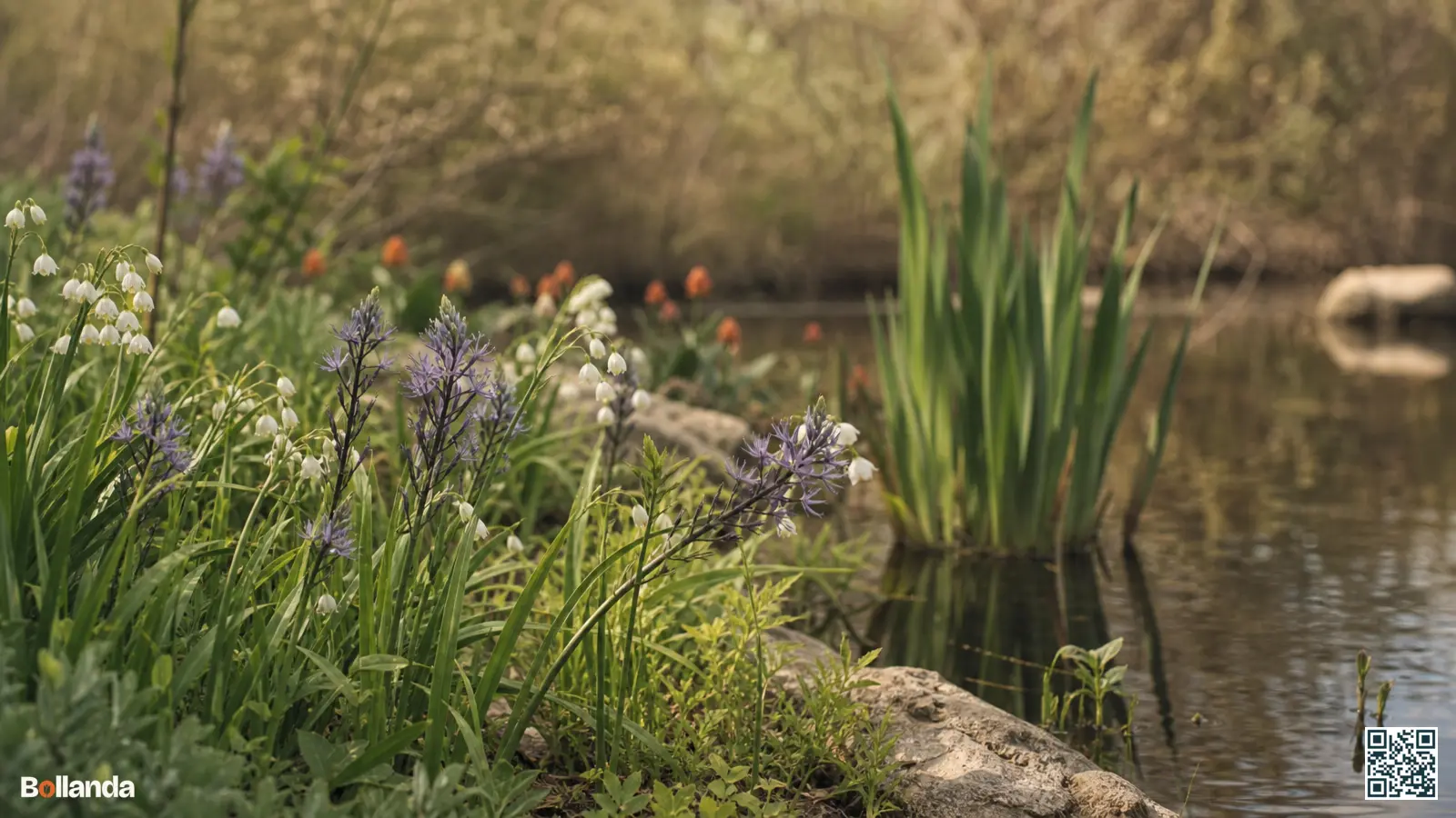Bloeiende camassia en narcisklokjes langs een vochtige vijverrand met een wateriris in ondiep water erachter.