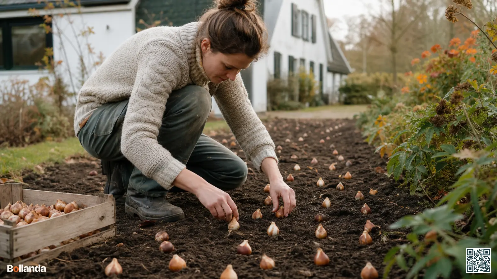 Tuinier verdeelt tulpen- en sieruibollen op gelijke plantafstand over verse aarde in een border.