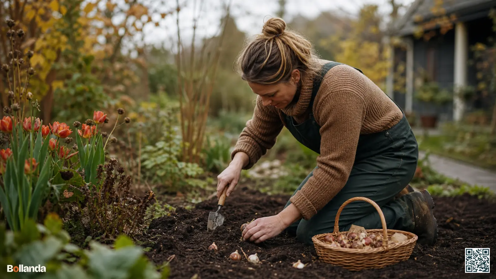 Tuinier plant tulpenbollen en narcissenbollen in een Nederlandse herfstborder met een handschepje.
