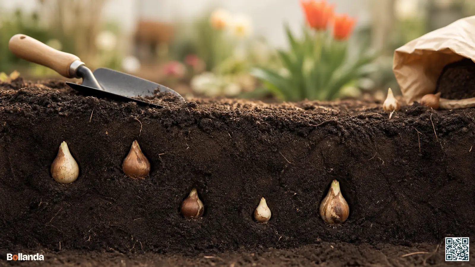 Doorsnede van tuingrond met bloembollen op de juiste plantdiepte en een handschepje ernaast.