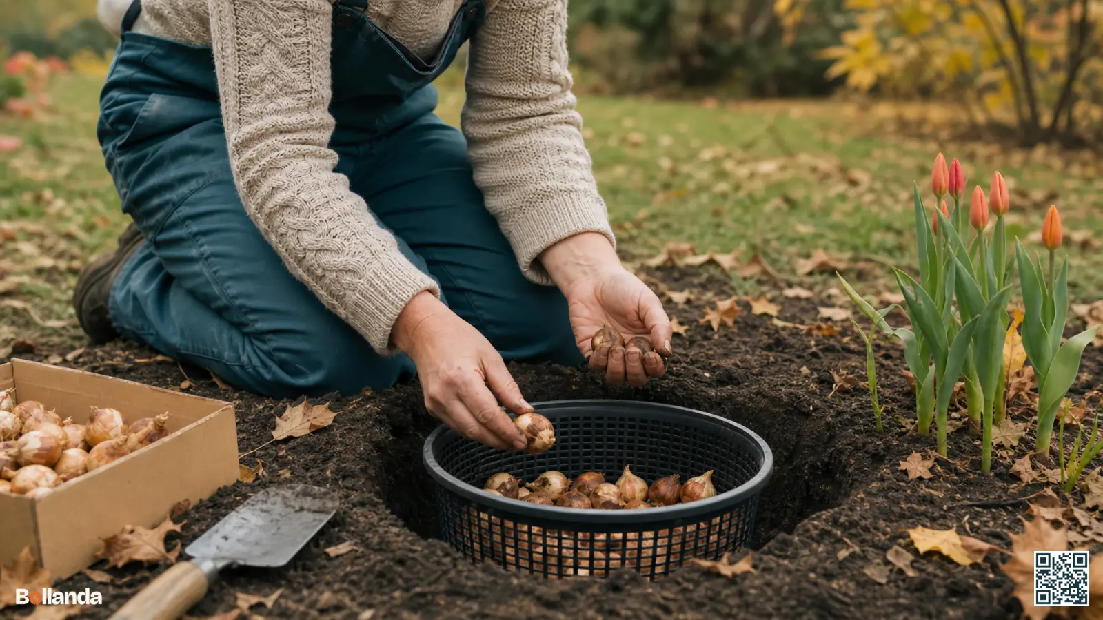 Tuinier plaatst tulpenbollen in een kunststof plantmand in een plantgat in de herfsttuin.