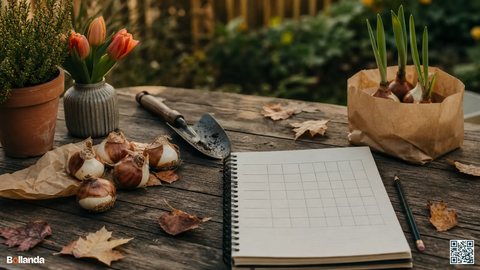 Tuintafel in de herfst met bloembollen, een handschepje en een notitieboek als plantkalender voor het seizoen.