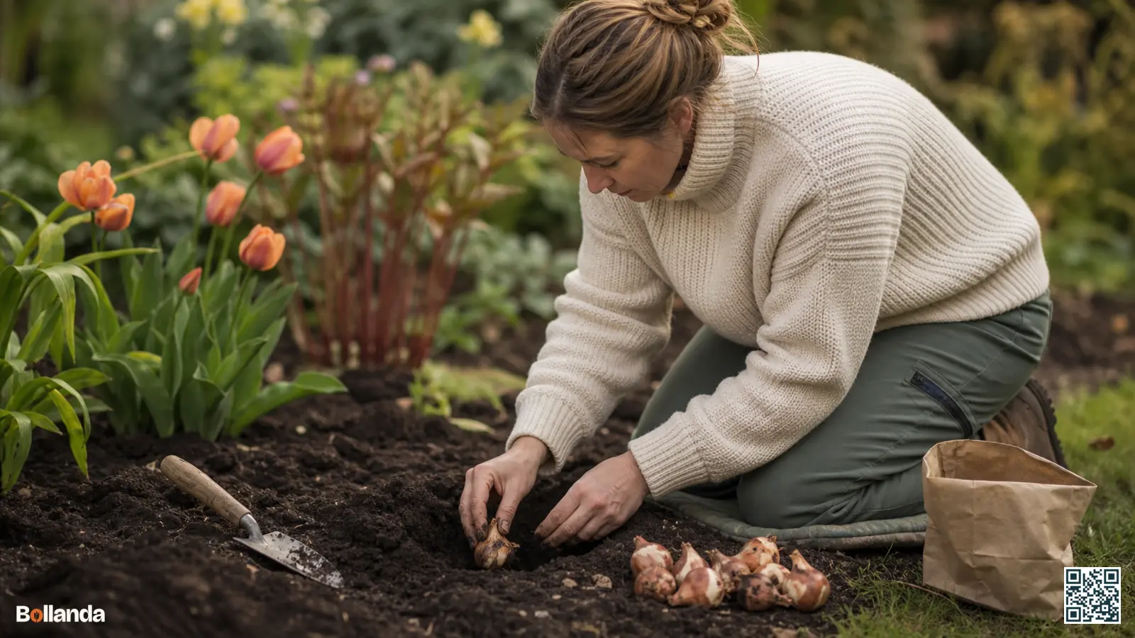 Een tuinier plaatst bloembollen met het groeipunt naar boven in een vers gegraven plantgat in herfstgrond.