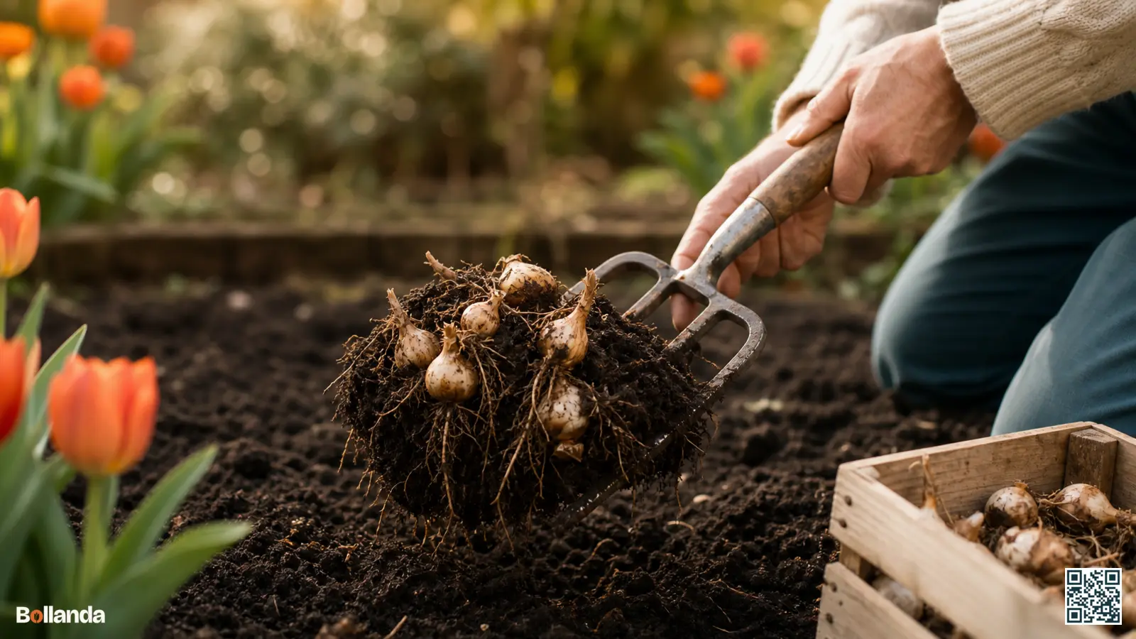 Tuinier graaft voorzichtig een pol bloembollen op met een spitvork om te verplaatsen naar een nieuwe plek.
