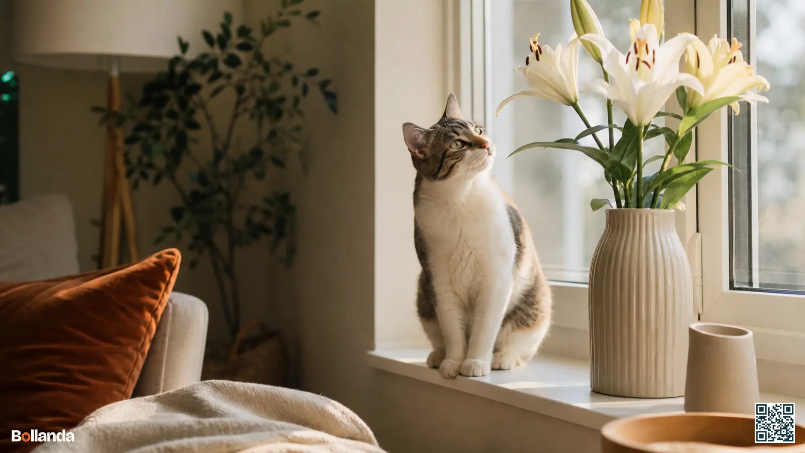 Een nieuwsgierige kat zit op de vensterbank naast een vaas met witte lelies in een zonnige woonkamer.