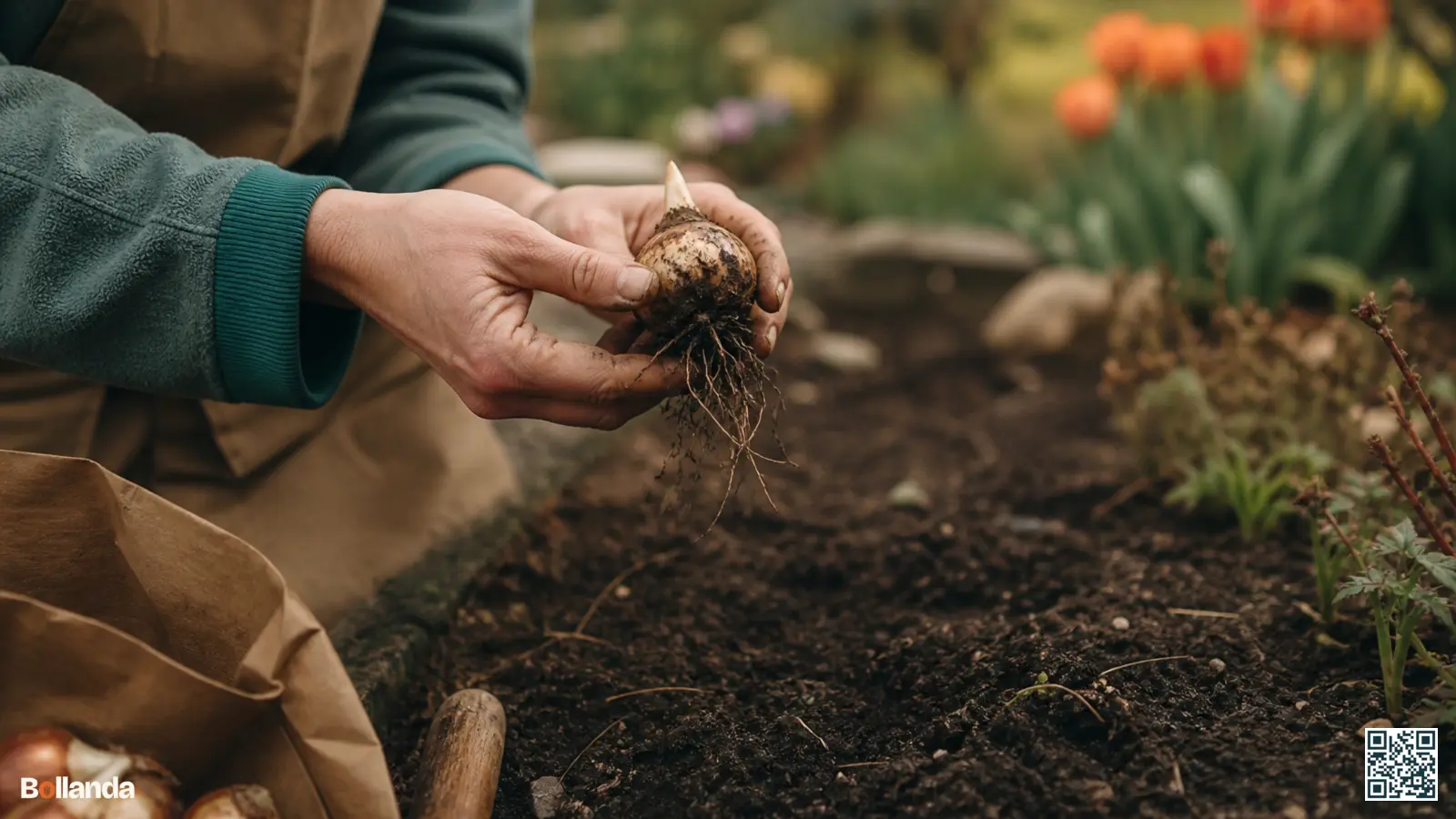 Tuinier houdt een opgegraven bloembol vast boven een lege border waar niets is opgekomen.