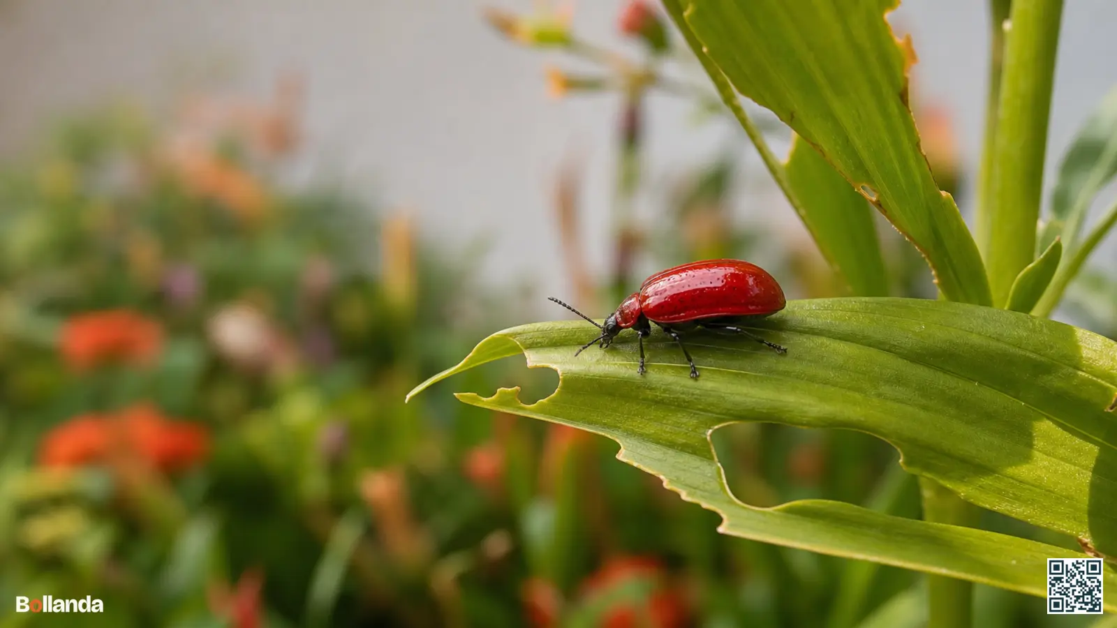 Felrode leliehaantje-kever op een aangevreten lelieblad met zichtbare vraatschade in een zomerse tuin.